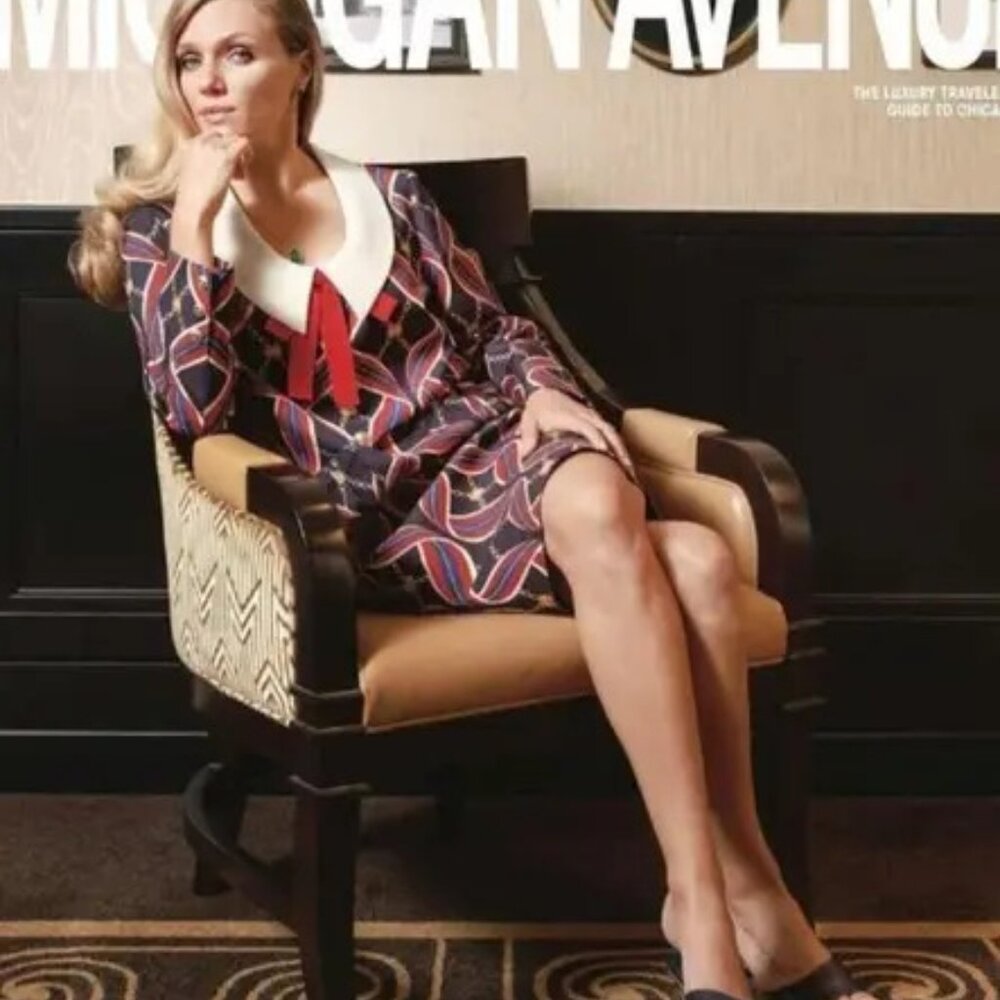 NWT GUCCI Red Flying Ribbon Print Cady Shift Blue Dress
